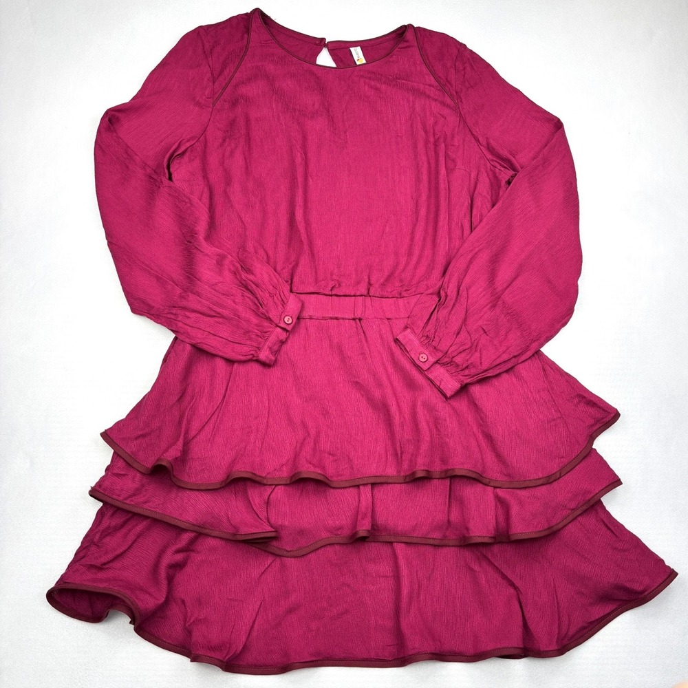 Blue Steel Dress Womens Medium Magenta Pink Long Sleeve Tiered Ruffle Skater M